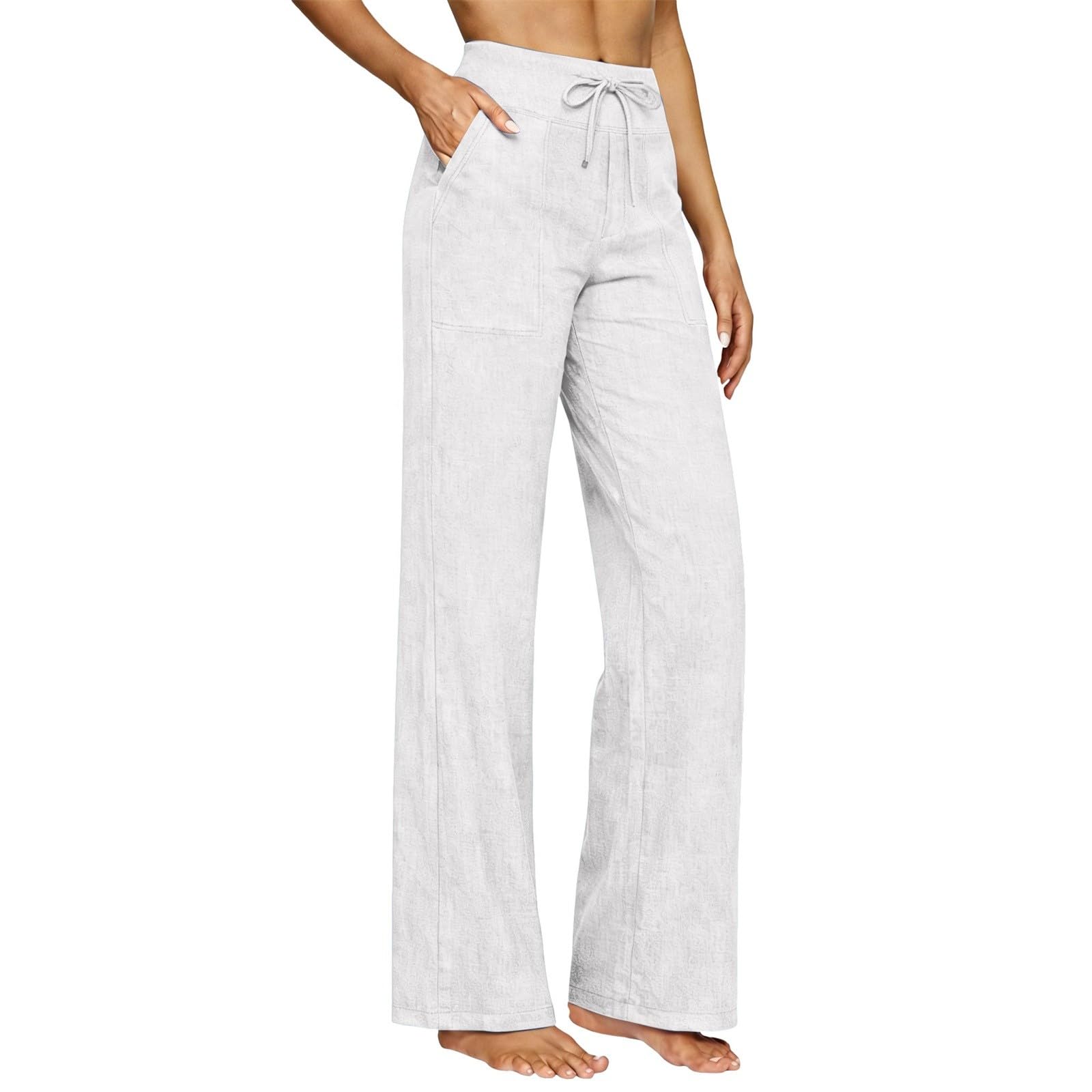 High Waist Straight Leg Linen Pants, Lightweight Loose Fit Trousers with Pockets