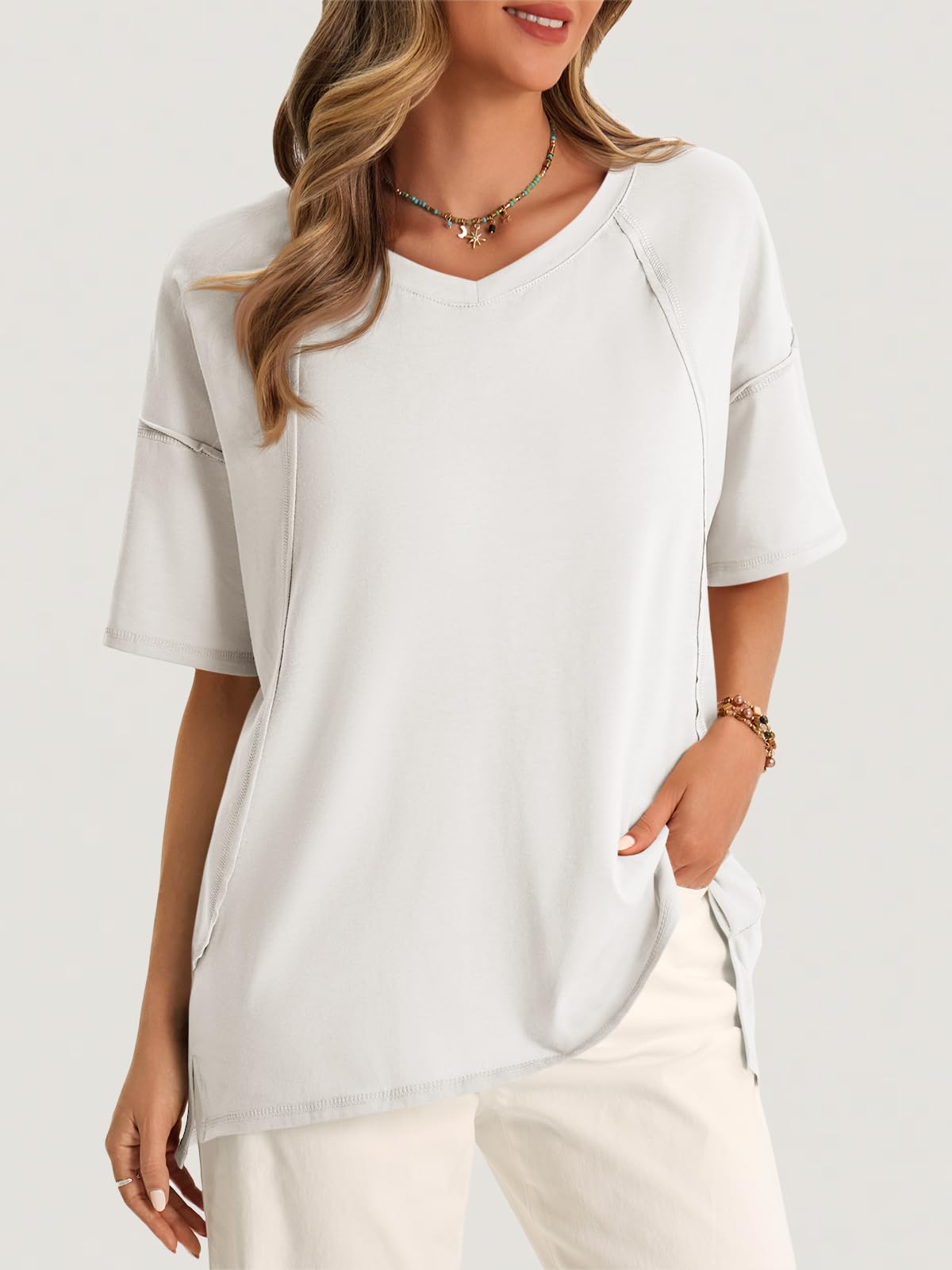 V-Neck Oversized Tunic Tee – Side Split, Relaxed Fit, Summer Essential