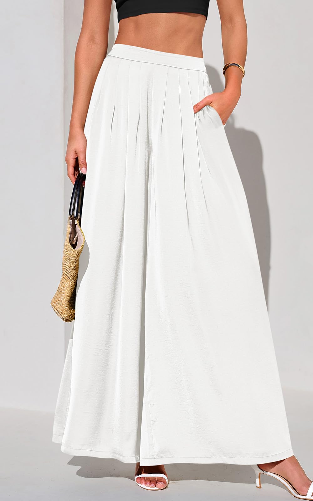 High Waisted Pleated Wide Leg Pants, Back Elastic Waist Flowy Trousers with Pockets for Work