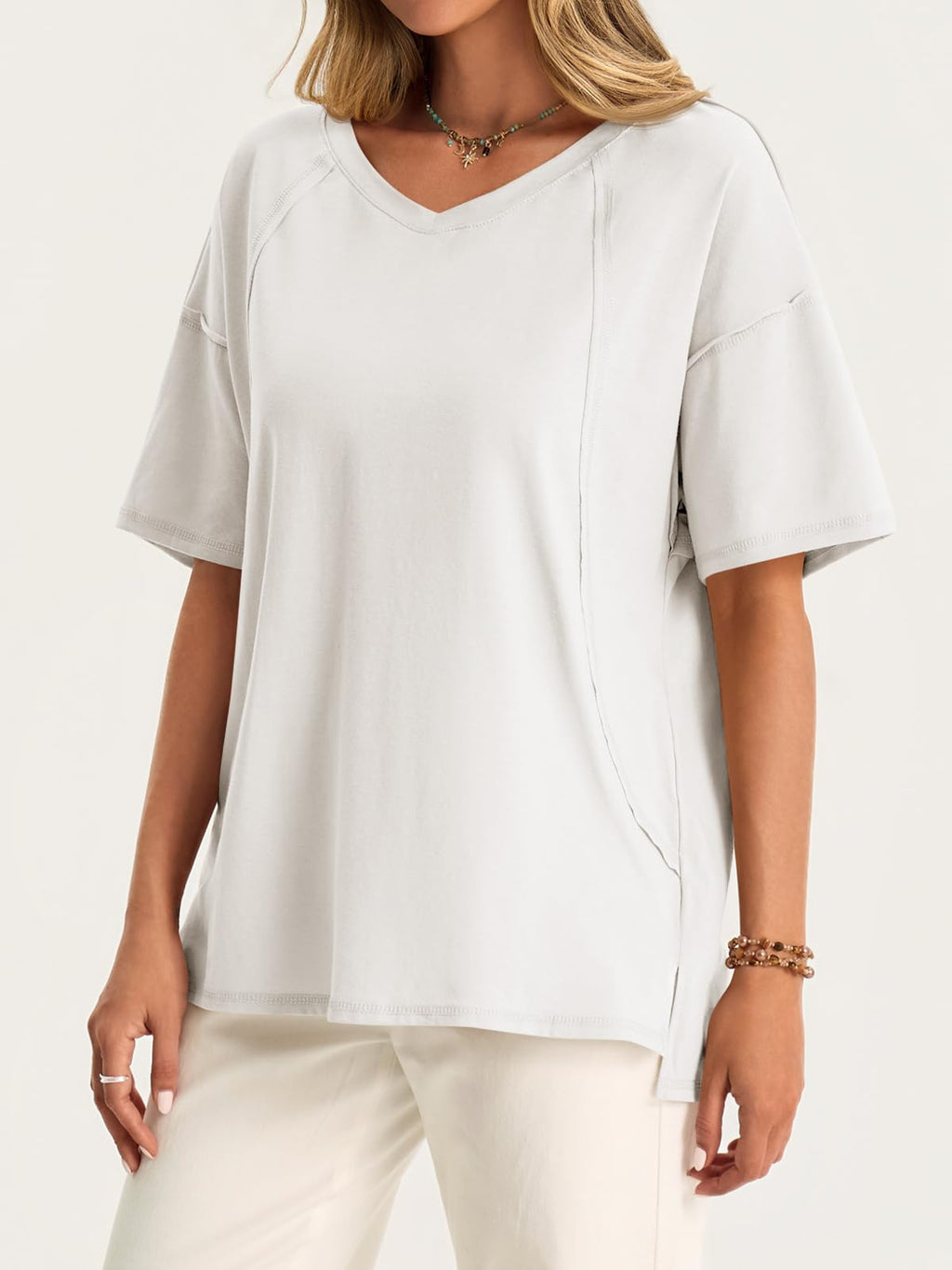 V-Neck Oversized Tunic Tee – Side Split, Relaxed Fit, Summer Essential