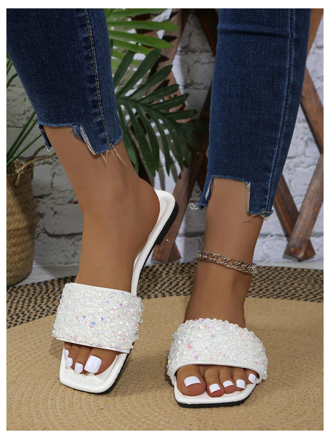 Sparkly Rhinestone Flat Sandals, Dressy Square Toe Slide Shoes with Single Strap for Summer