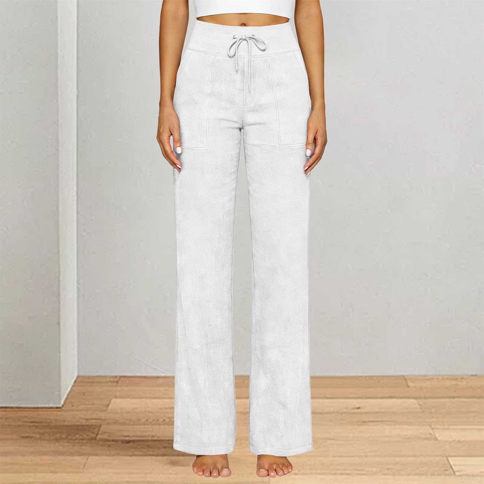 High Waist Straight Leg Linen Pants, Lightweight Loose Fit Trousers with Pockets