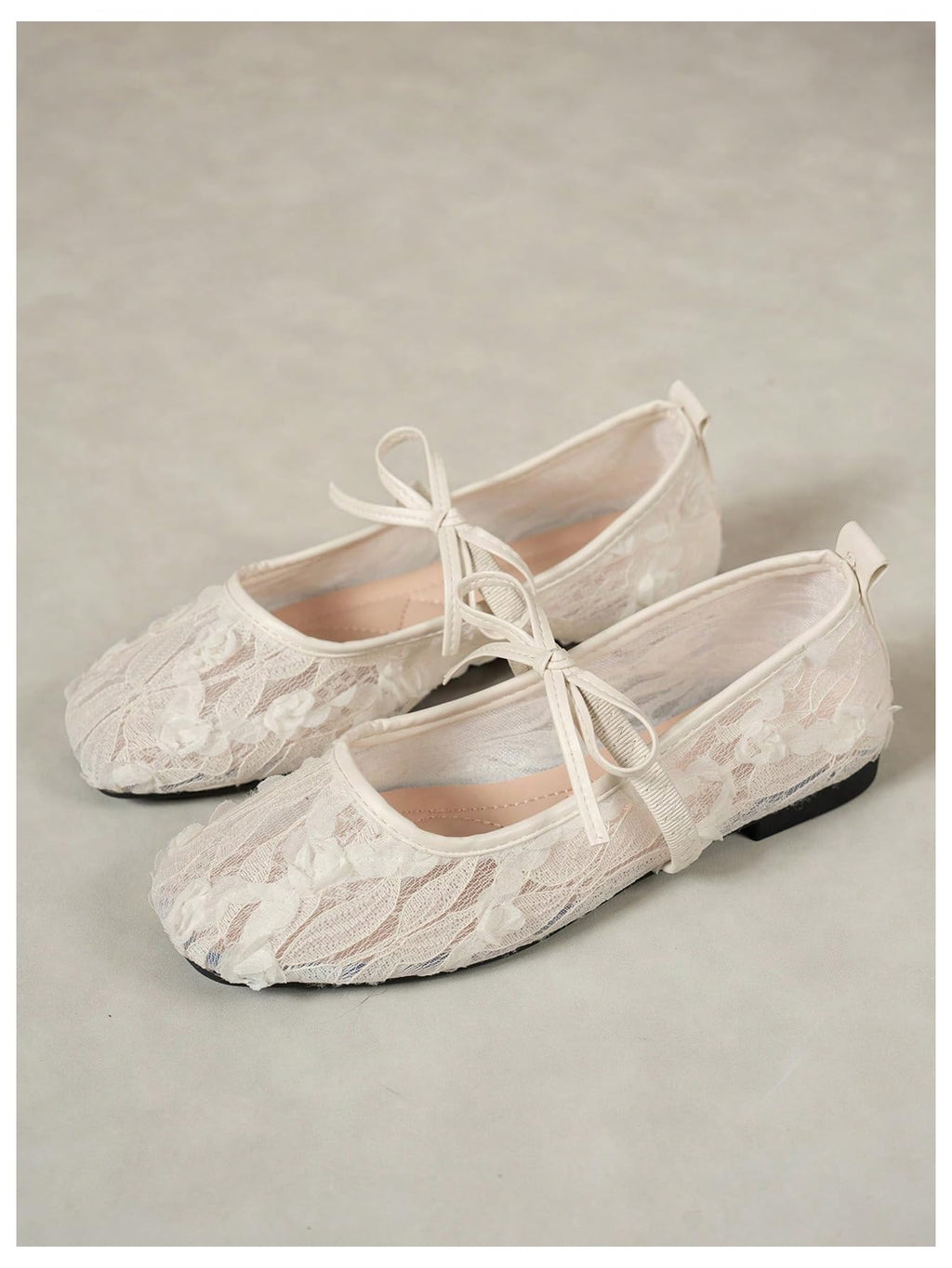 Floral Lace Mesh Ballet Flats, Comfortable Dressy Square Closed Toe Bow Slip On Shoes