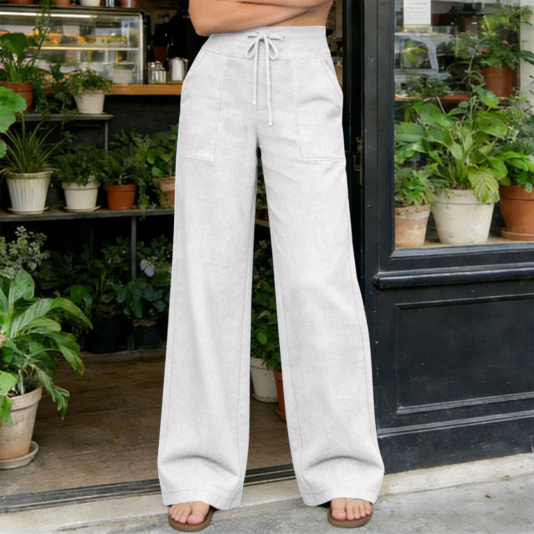 High Waist Straight Leg Linen Pants, Lightweight Loose Fit Trousers with Pockets