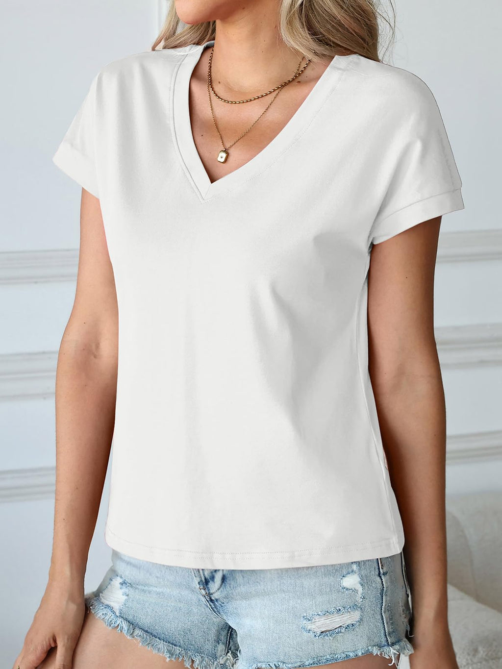 Cap Sleeve Cropped V-Neck Tee – Boxy Loose Fit, Summer Cotton Blouse
