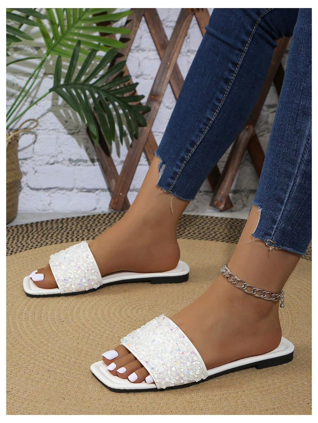 Sparkly Rhinestone Flat Sandals, Dressy Square Toe Slide Shoes with Single Strap for Summer