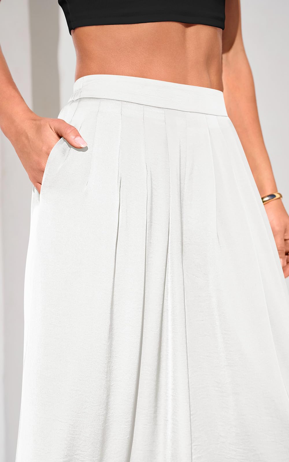 High Waisted Pleated Wide Leg Pants, Back Elastic Waist Flowy Trousers with Pockets for Work
