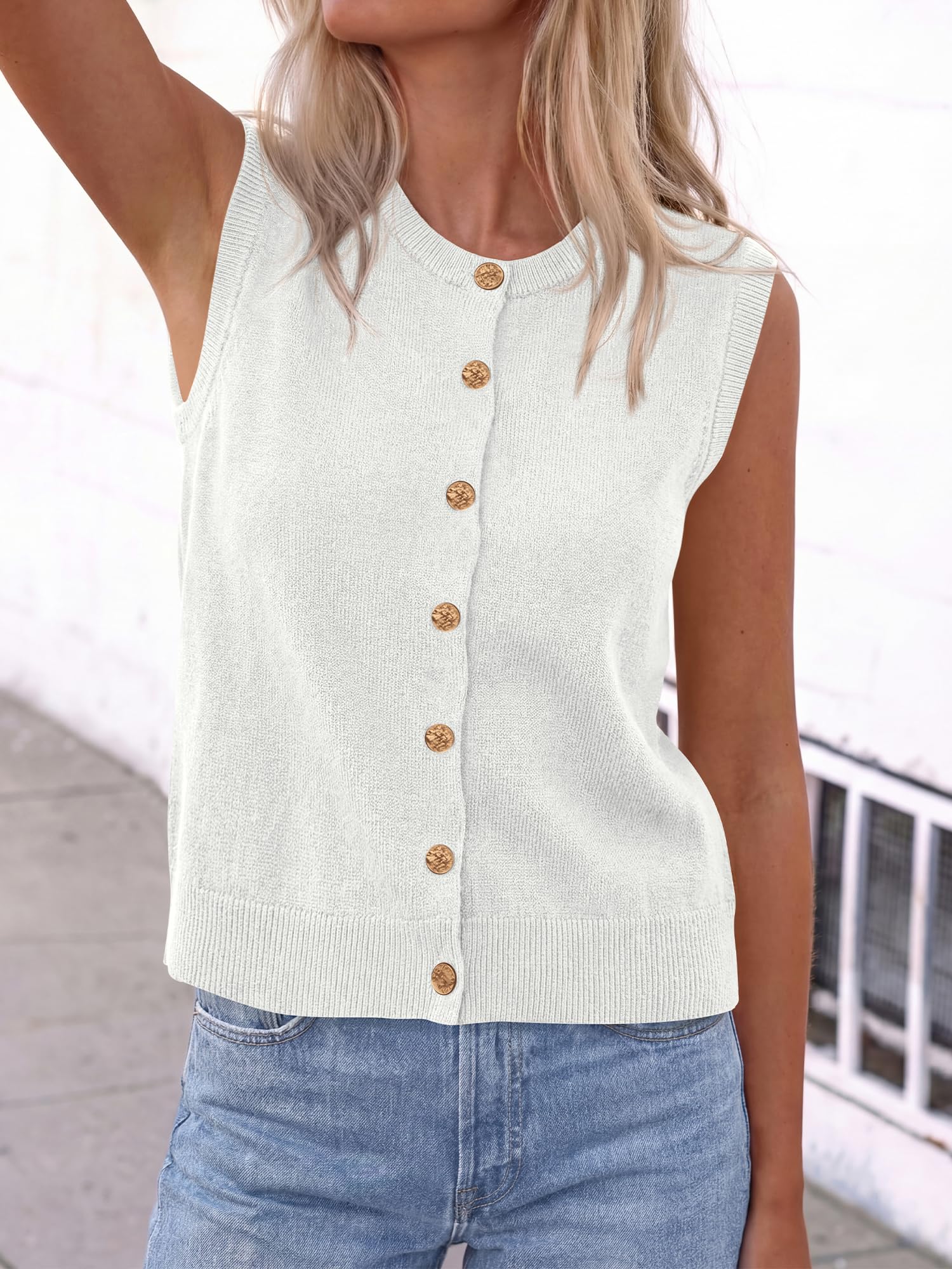 Crew Neck Button Down Sweater Vest, Loose Fit Sleeveless Knit Top for Spring Summer