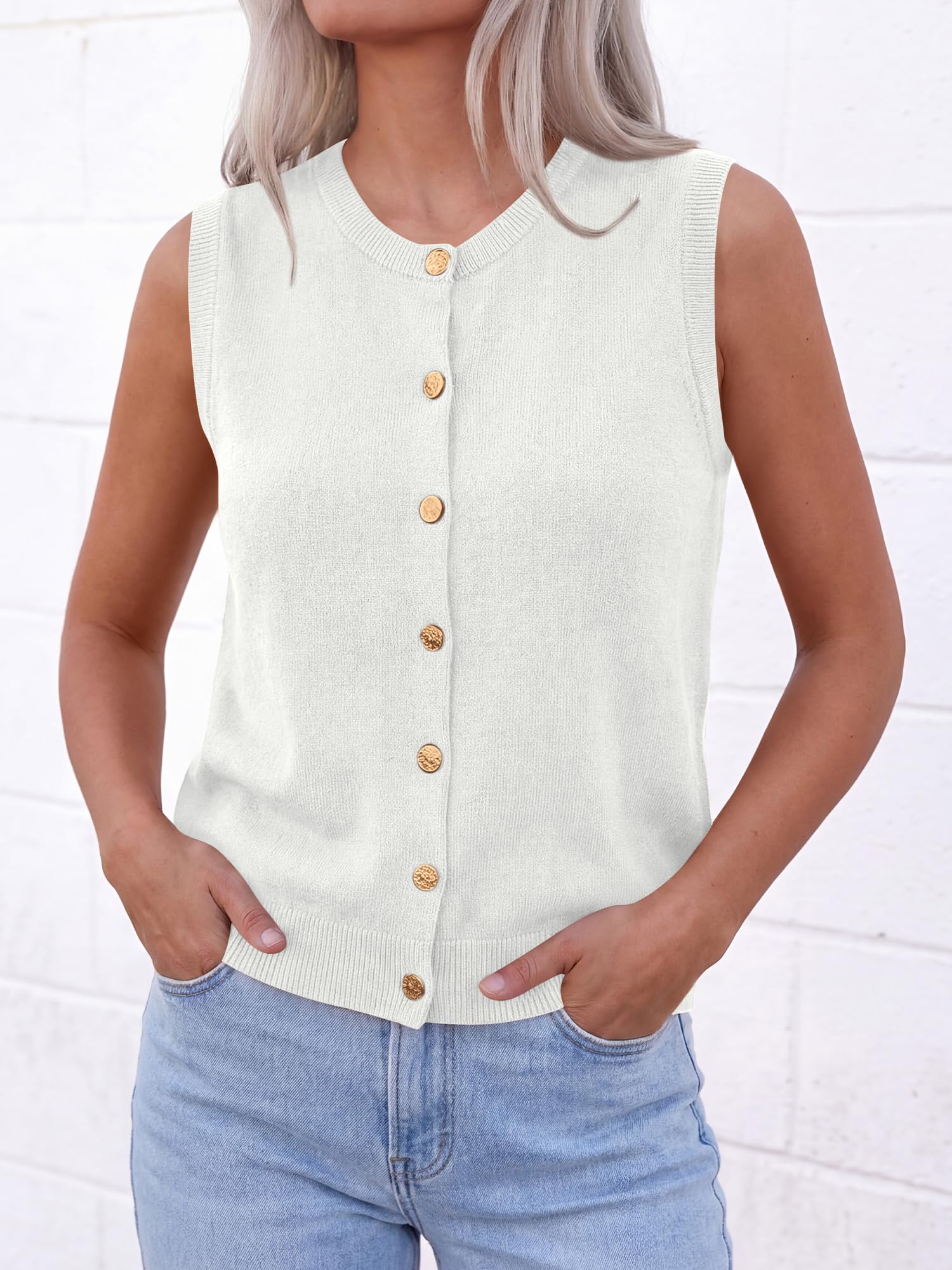 Crew Neck Button Down Sweater Vest, Loose Fit Sleeveless Knit Top for Spring Summer