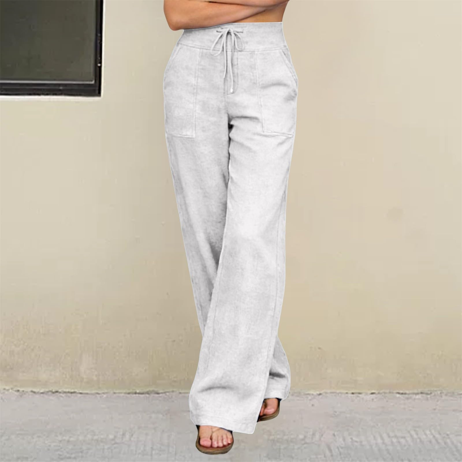 High Waist Straight Leg Linen Pants, Lightweight Loose Fit Trousers with Pockets