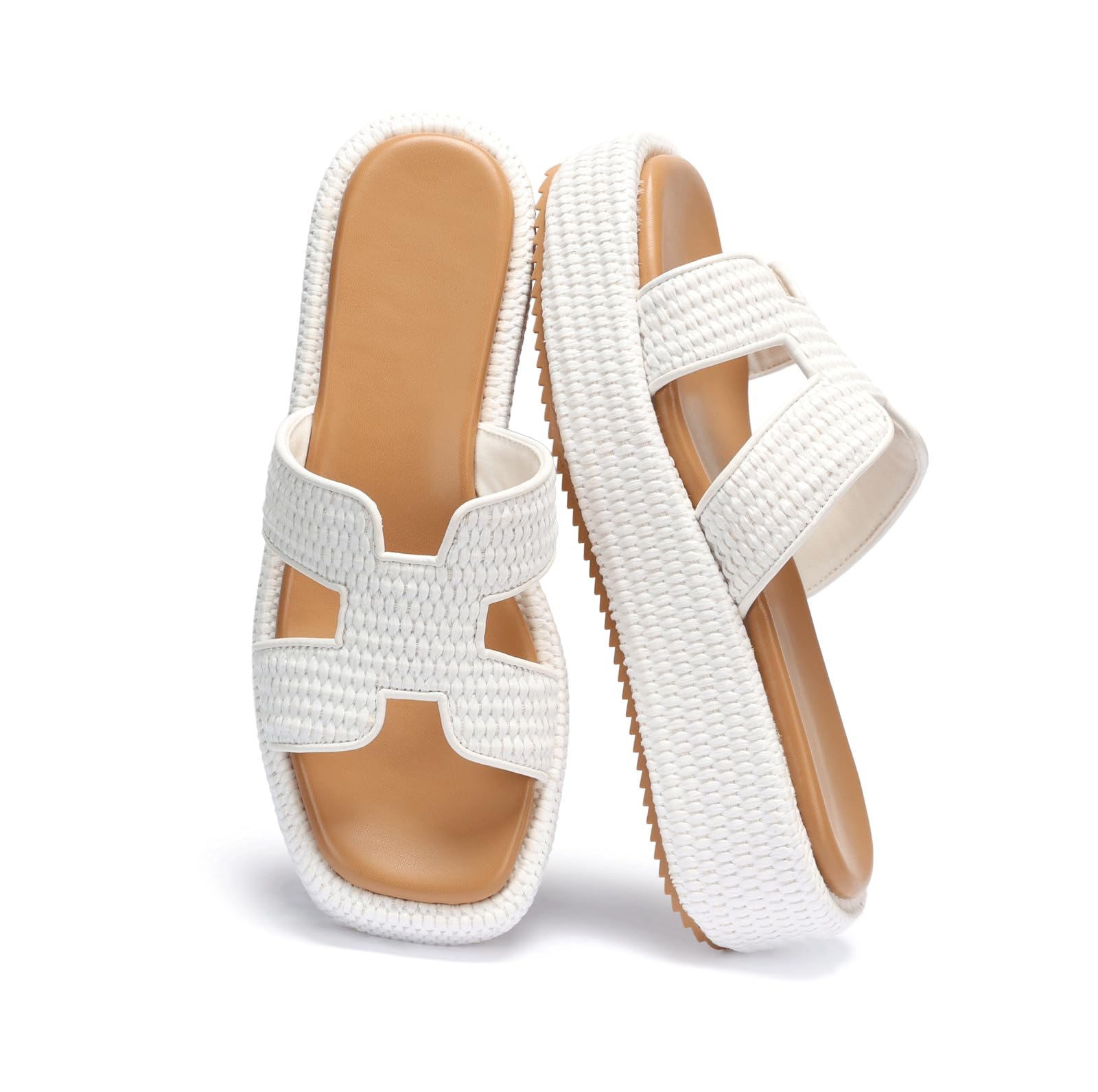 Raffia Platform Slide Sandals, Woven Straw Espadrille Wedges for Summer Beach Vacation